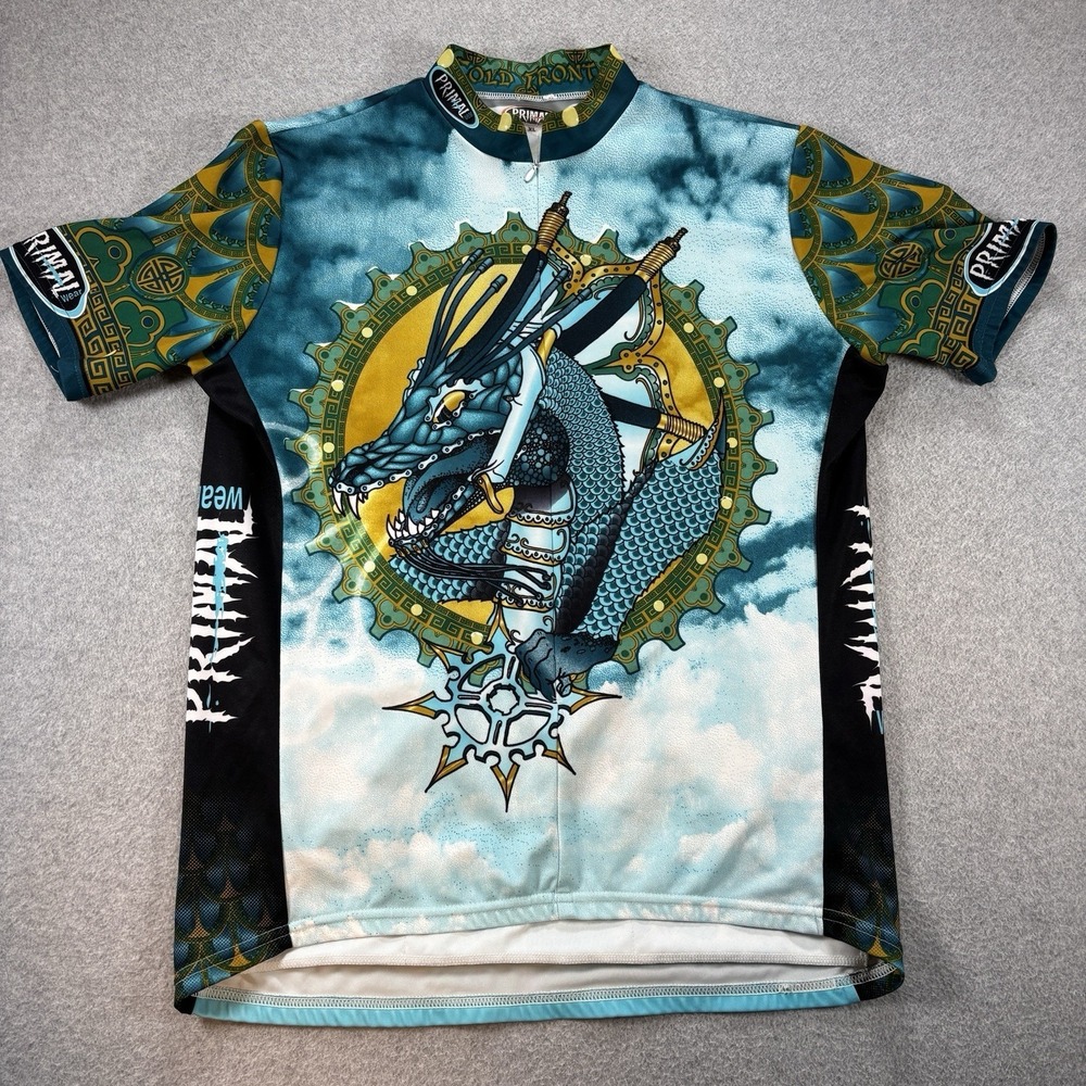 Primal Wear Mens XL Cycling Jersey Blue Dragon Graphic Short Sleeve Bike Shirt